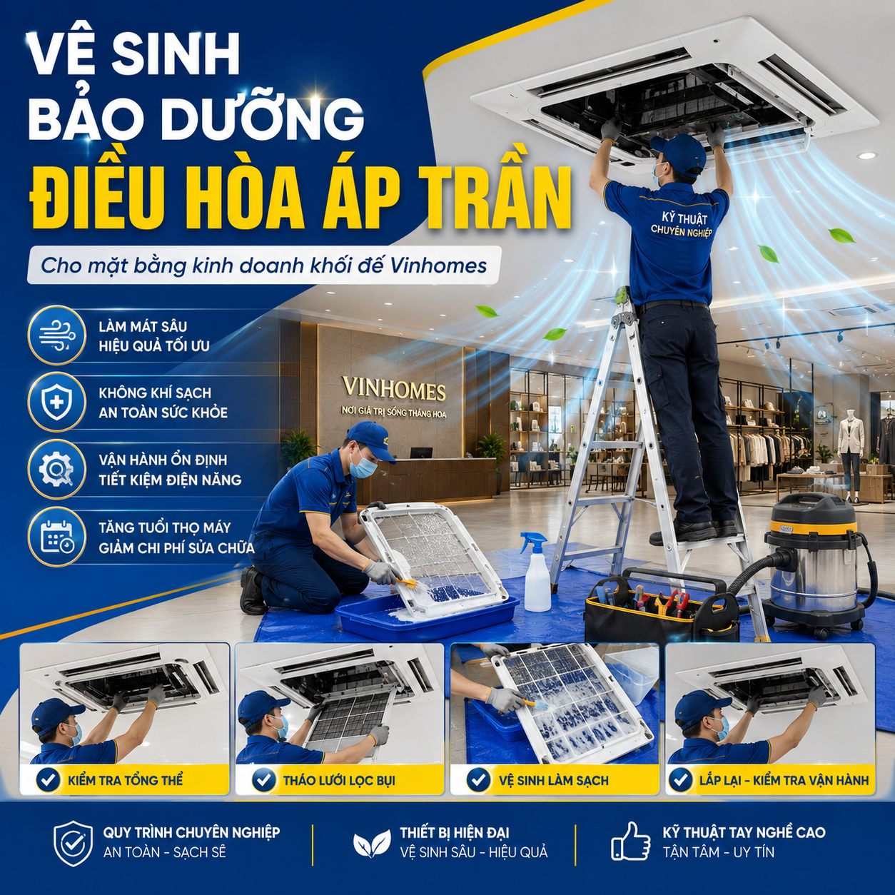Vệ Sinh Bảo Dưỡng Điều Hòa Áp Trần Cho Mặt Bằng Kinh Doanh Khối Đế Vinhomes