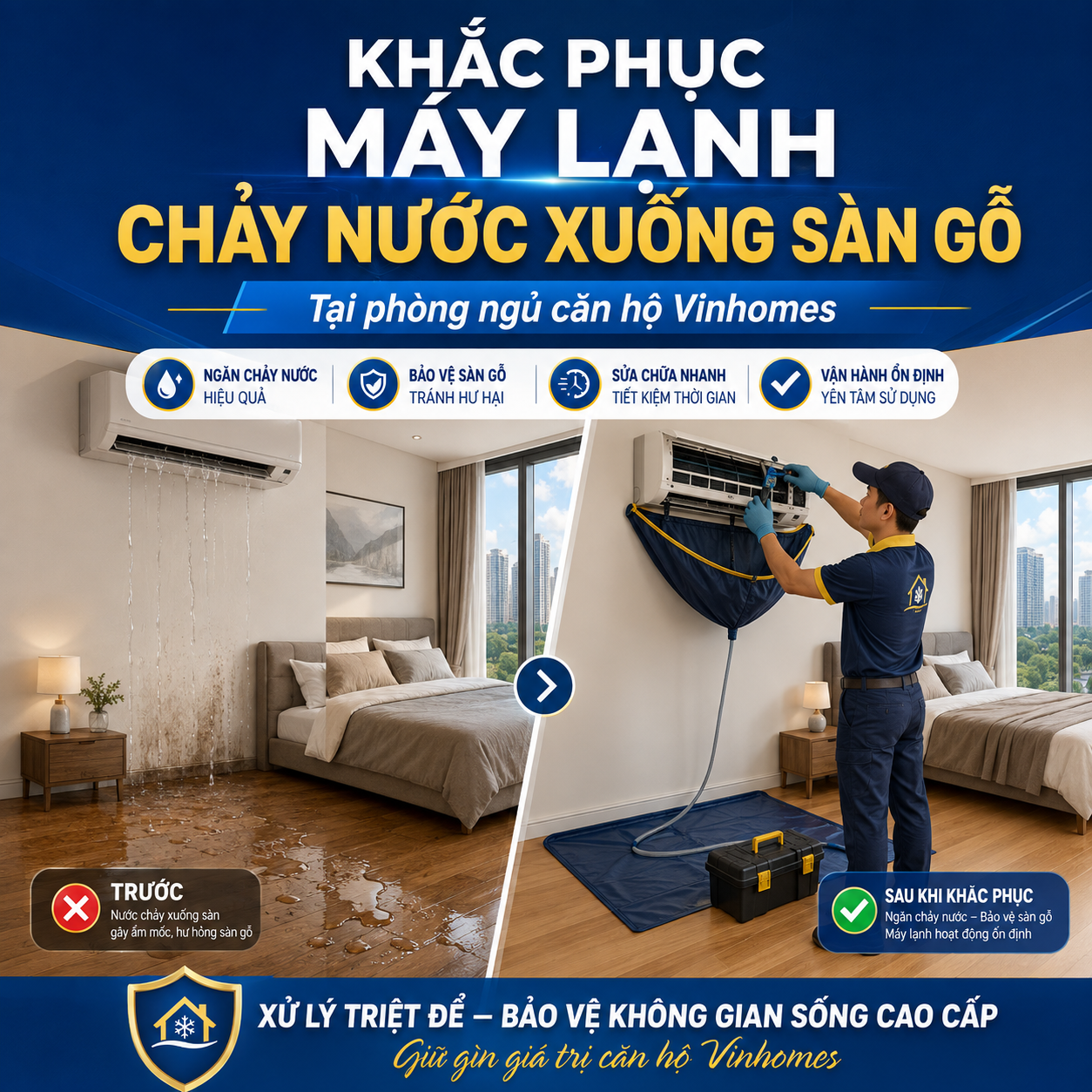 Khắc phục tình trạng máy lạnh chảy nước xuống sàn gỗ tại phòng ngủ căn hộ Vinhomes