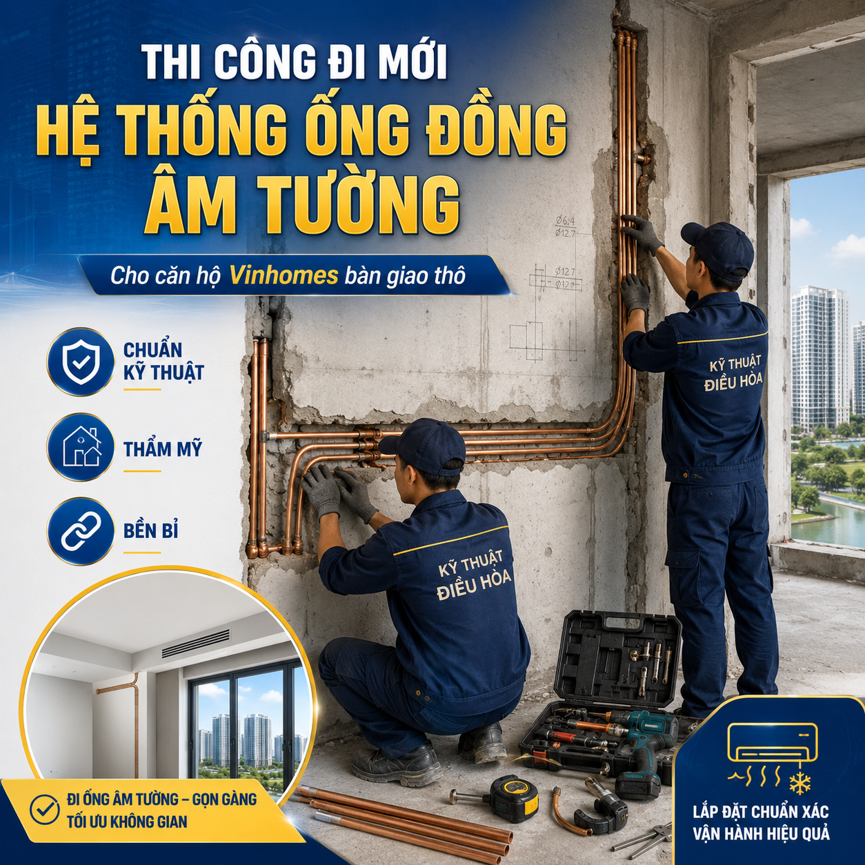 Thi Công Đi Mới Hệ Thống Ống Đồng Âm Tường Cho Căn Hộ Vinhomes Bàn Giao Thô