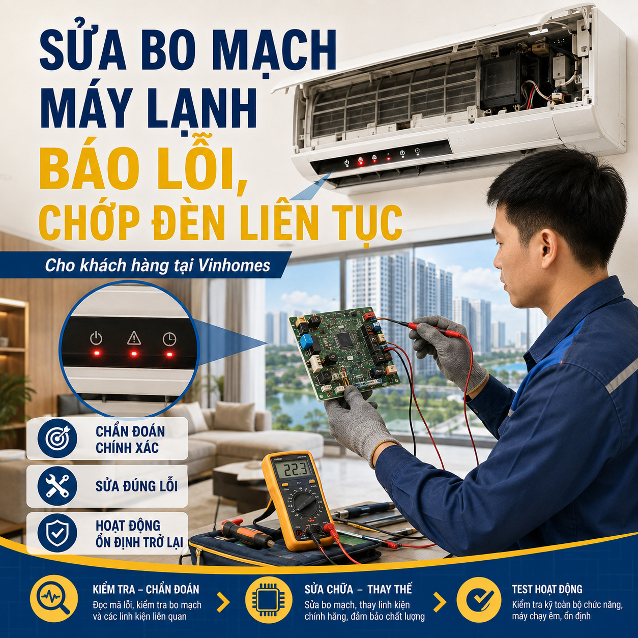 Sửa Bo Mạch Máy Lạnh Báo Lỗi, Chớp Đèn Liên Tục Cho Khách Hàng Tại Vinhomes
