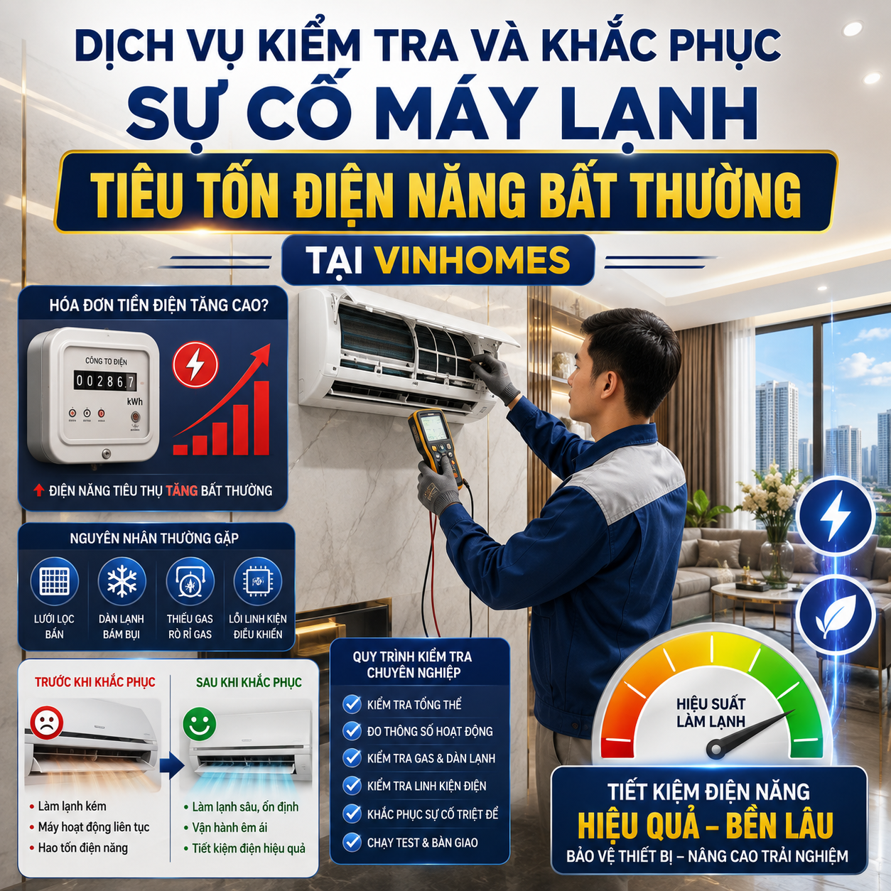 Dịch Vụ Kiểm Tra Và Khắc Phục Sự Cố Máy Lạnh Tiêu Tốn Điện Năng Bất Thường Tại Vinhomes