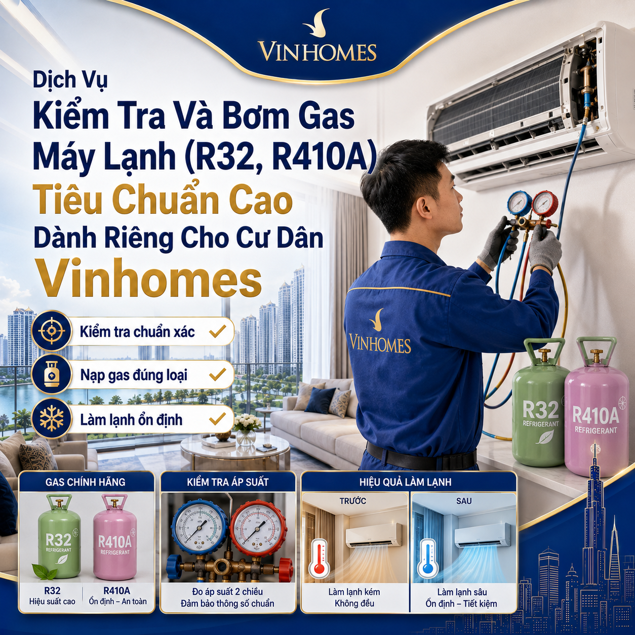 Dịch Vụ Kiểm Tra Và Bơm Gas Máy Lạnh (R32, R410A) Tiêu Chuẩn Cao Dành Riêng Cho Cư Dân Vinhomes