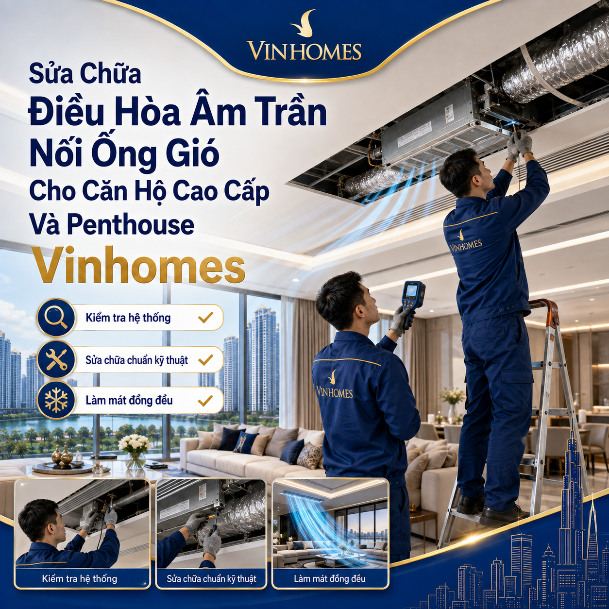 Sửa Chữa Điều Hòa Âm Trần Nối Ống Gió Cho Căn Hộ Cao Cấp Và Penthouse Vinhomes