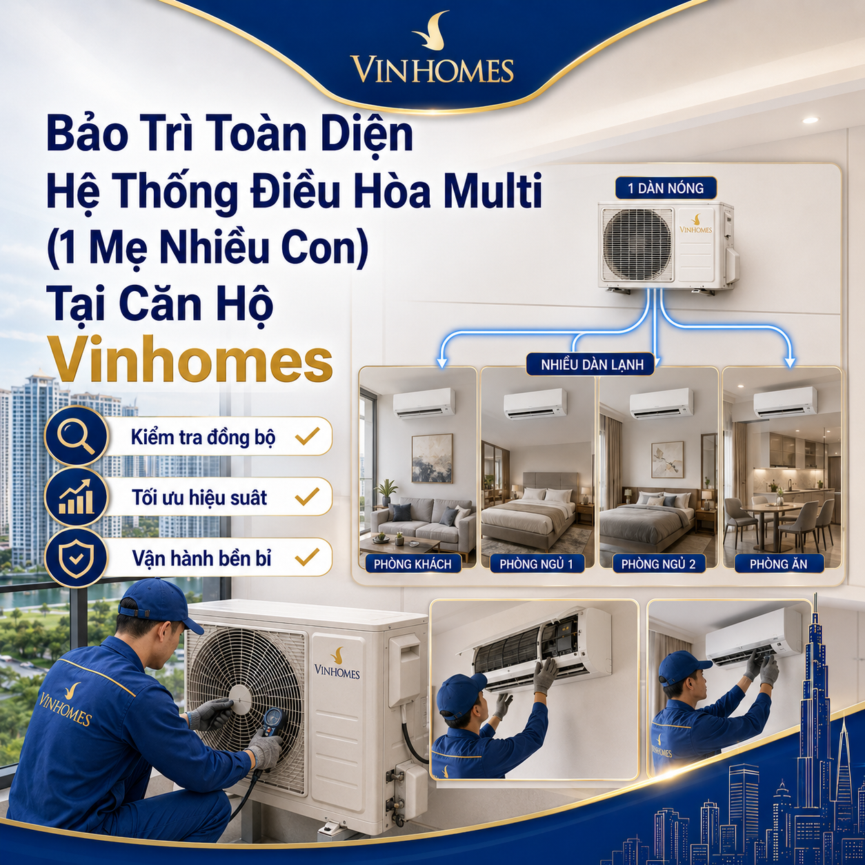 Bảo Trì Toàn Diện Hệ Thống Điều Hòa Multi (1 Mẹ Nhiều Con) Tại Căn Hộ Vinhomes