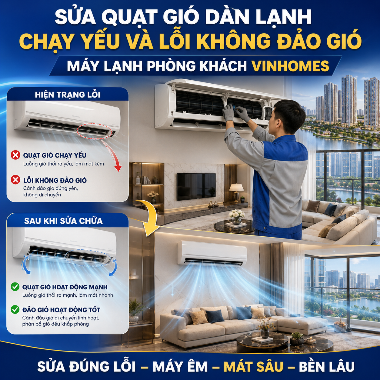 Sửa quạt gió dàn lạnh chạy yếu và lỗi không đảo gió máy lạnh phòng khách Vinhomes