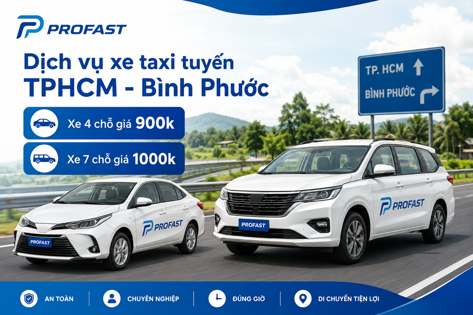 Dịch vụ xe taxi tuyến TPHCM - Bình Phước: Xe 4 chỗ giá 900k, Xe 7 chỗ giá 1000k