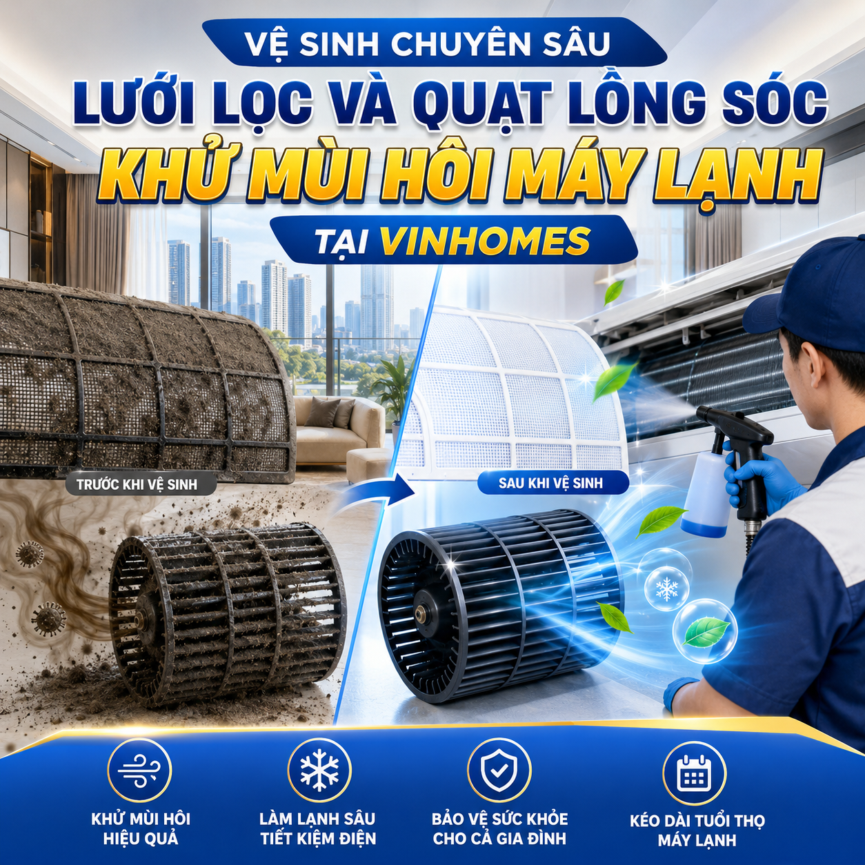 Vệ Sinh Chuyên Sâu Lưới Lọc Và Quạt Lồng Sóc Khử Mùi Hôi Máy Lạnh Tại Vinhomes