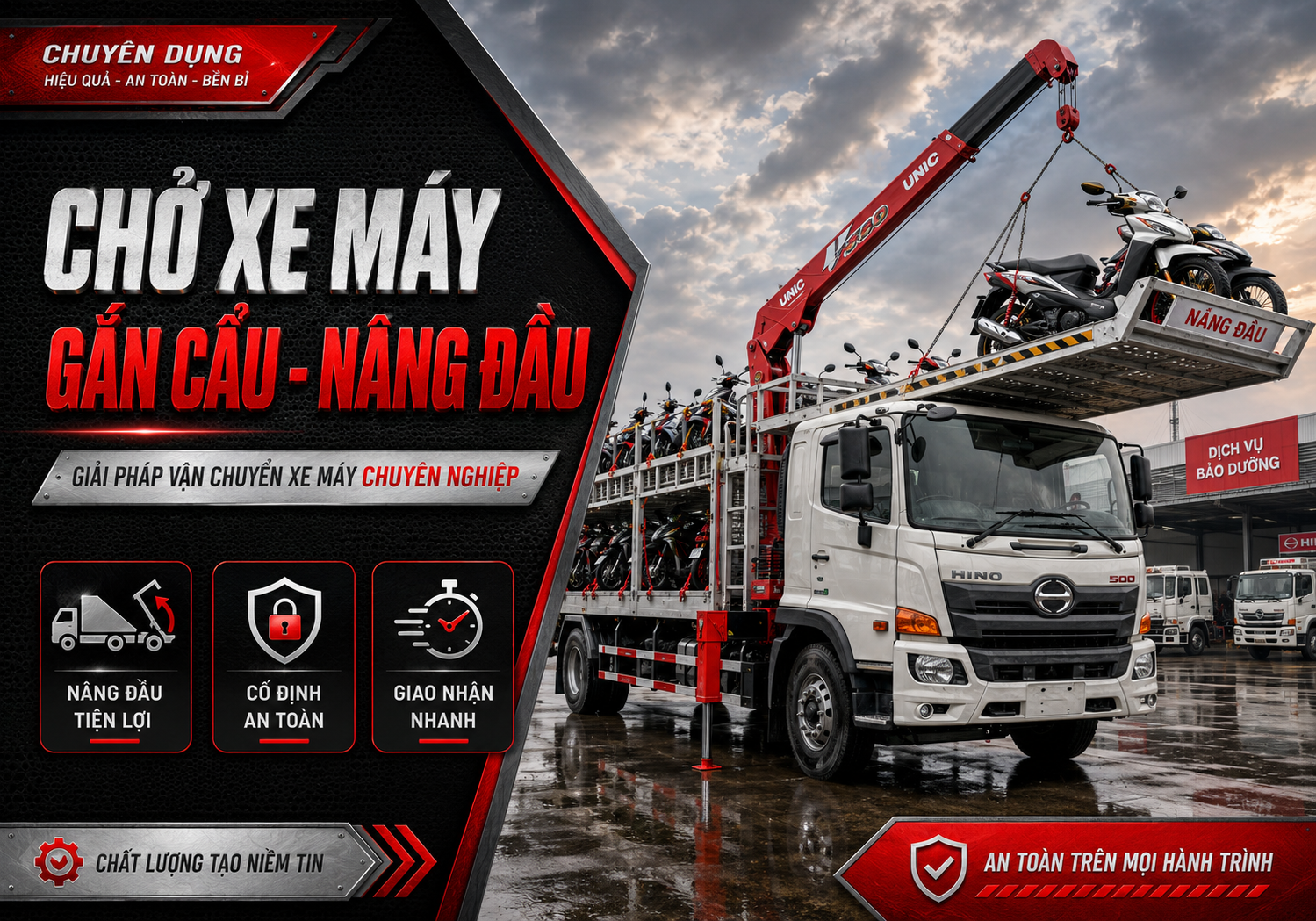 Chở Xe Máy Gắn Cẩu - Nâng Đầu